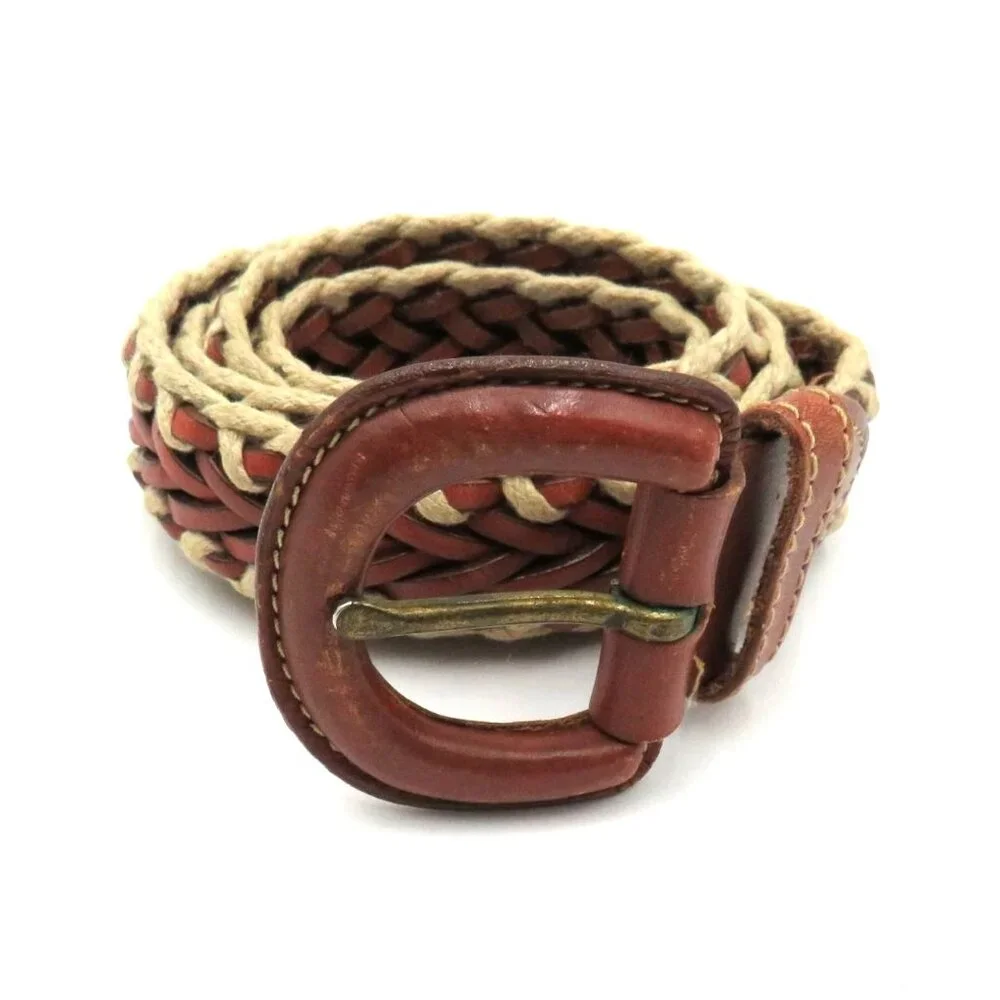 Woven Belt Womens Sz Medium Braided Genuine Leather Cotton Tan Brown Boho Hippie